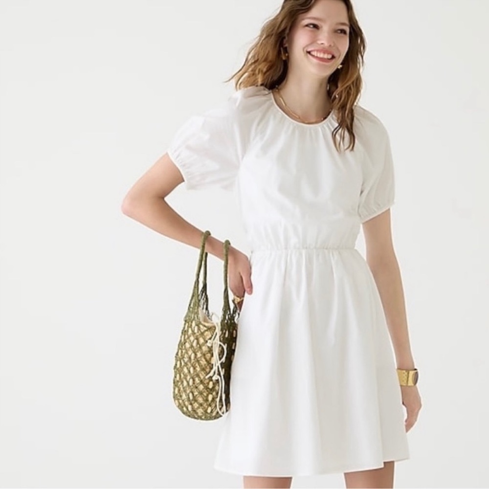 J crew NWT poplin mini dress, puff sleeves, tie in back, pockets lined bottom
